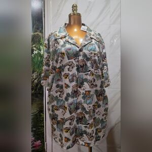 Jurassic Park Dinosaur Shirt Men XL White Cotton Hawaiian Style Button Up NEW